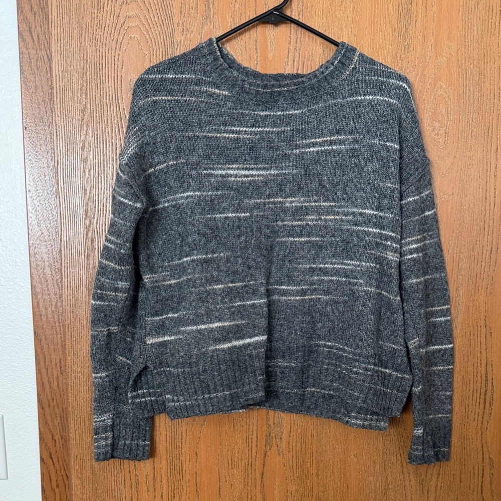 a.n.a Charcoal Marled Crewneck Sweater with Cream Stripes